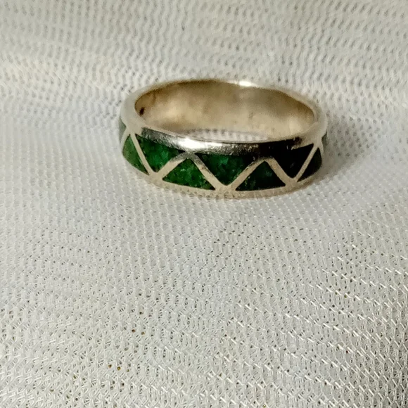 Malachite Gemstone Inlay Sterling Silver Unisex Band Sz 11 - Picture 9 of 9